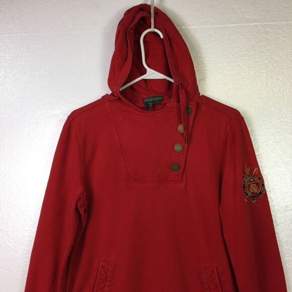 VTG‎ Lauren Jeans Ralph Lauren Hoodie Womens Sz S Crest Logo Red Pockets Y2K - Picture 1 of 10